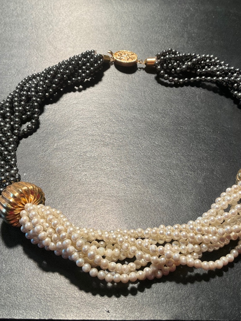 Pearl & Black Hematite Necklace Gold Accents